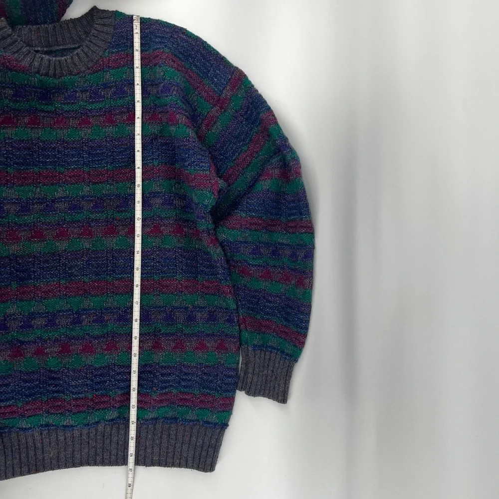 Vintage Wool Knit‎ Sweater Oversized Striped Geometric Crew Neck Teal Purple M/L